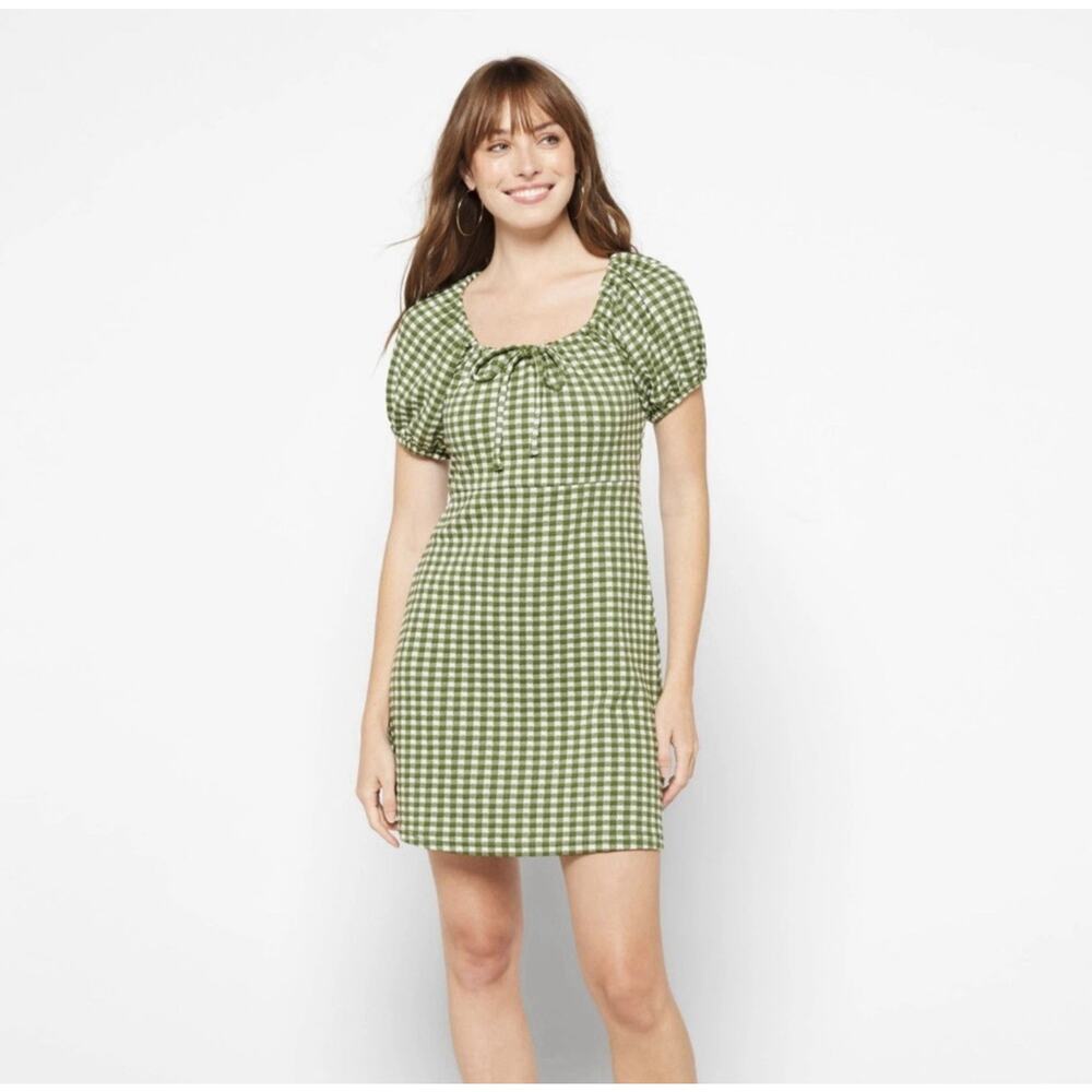 NWT Madewell Jacquard Puff-Sleeve Mini Dress Green Gingham Check Stretch Size M